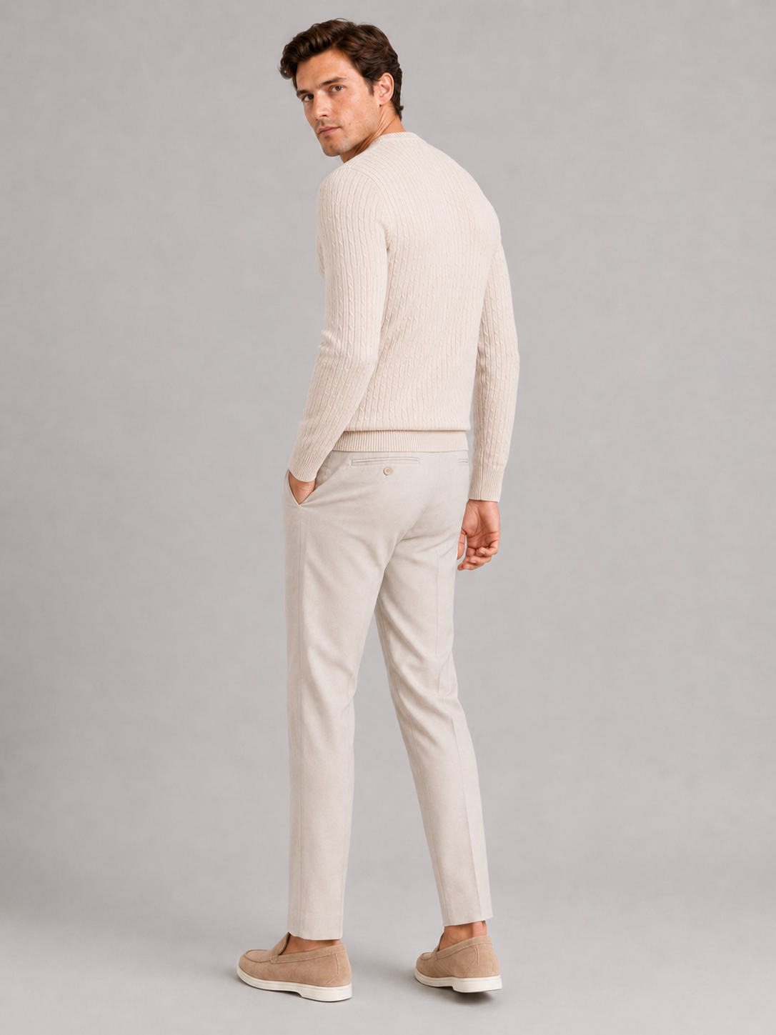 Men’s beige cable knit pullover soft lightweight sweater for business casual outfits