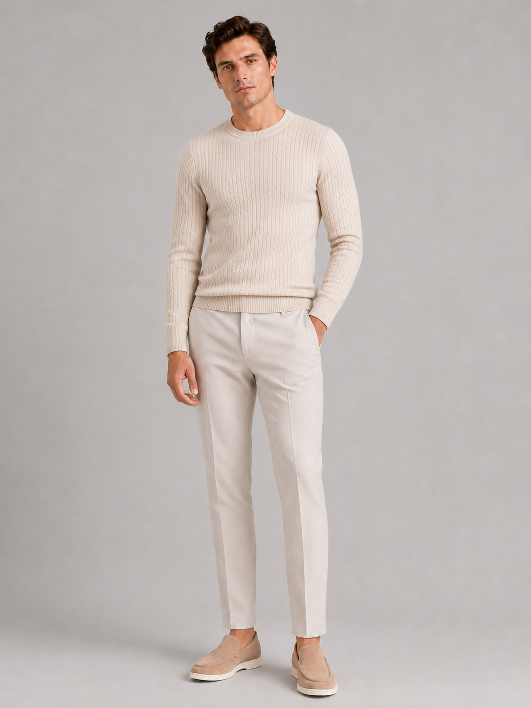 Beige crew neck cable knit sweater for men lightweight pullover for everyday spring wear