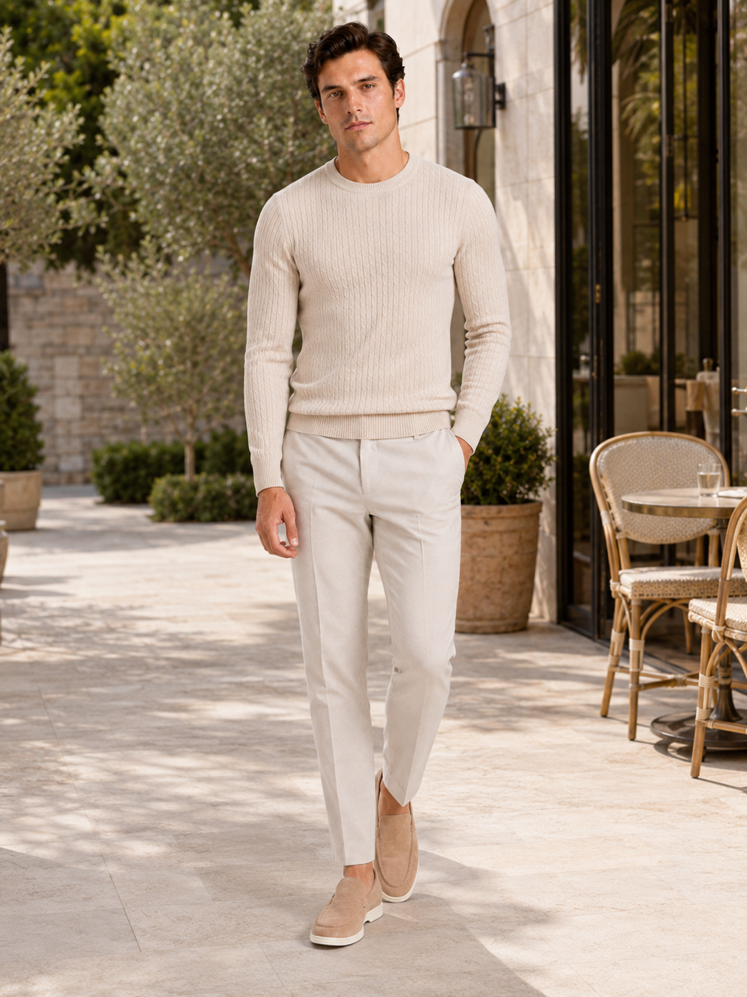 Man styling beige cable knit crew neck sweater in a refined spring lifestyle outfit