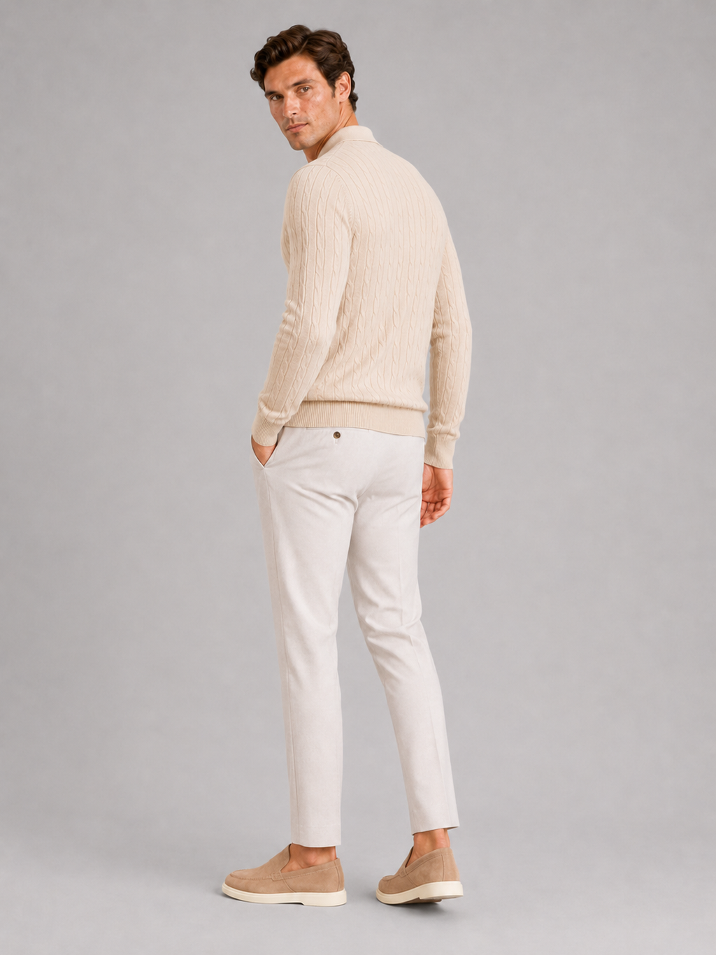 Men’s beige cable knit polo sweater comfortable top for business casual outfits
