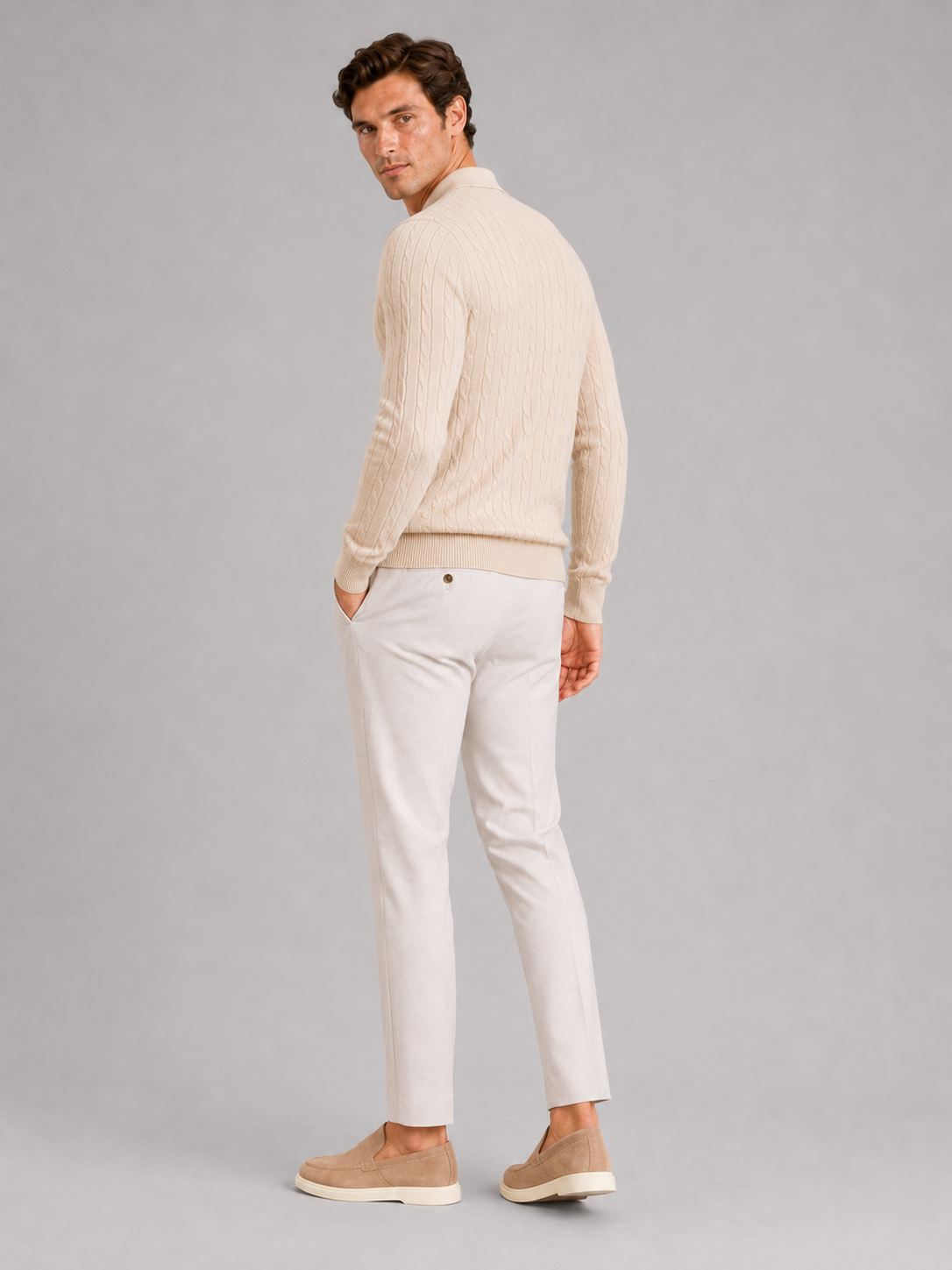 Men’s beige cable knit polo sweater comfortable top for business casual outfits