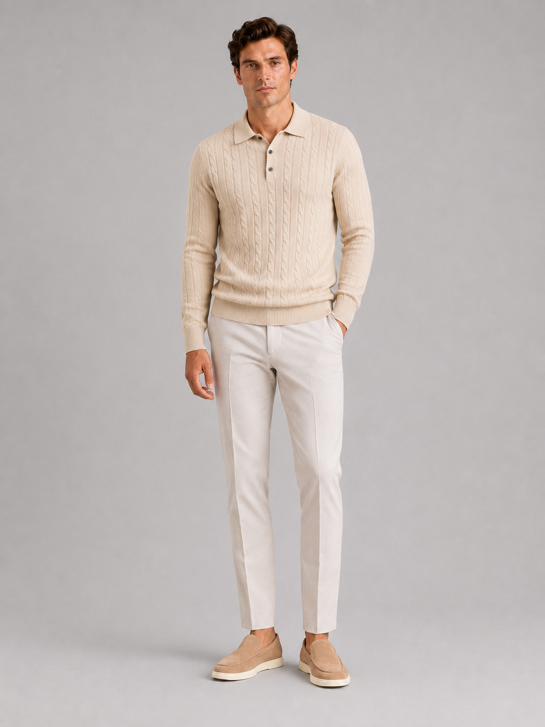 Men’s beige cable knit polo sweater comfortable top for business casual outfits
