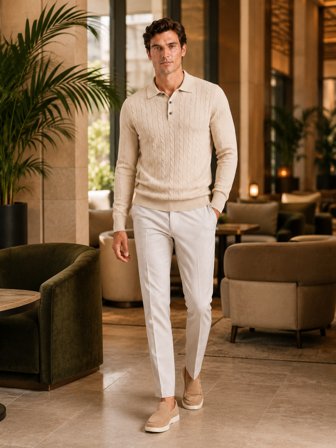 Man styling beige cable knit long sleeve polo in a refined winter lifestyle outfit