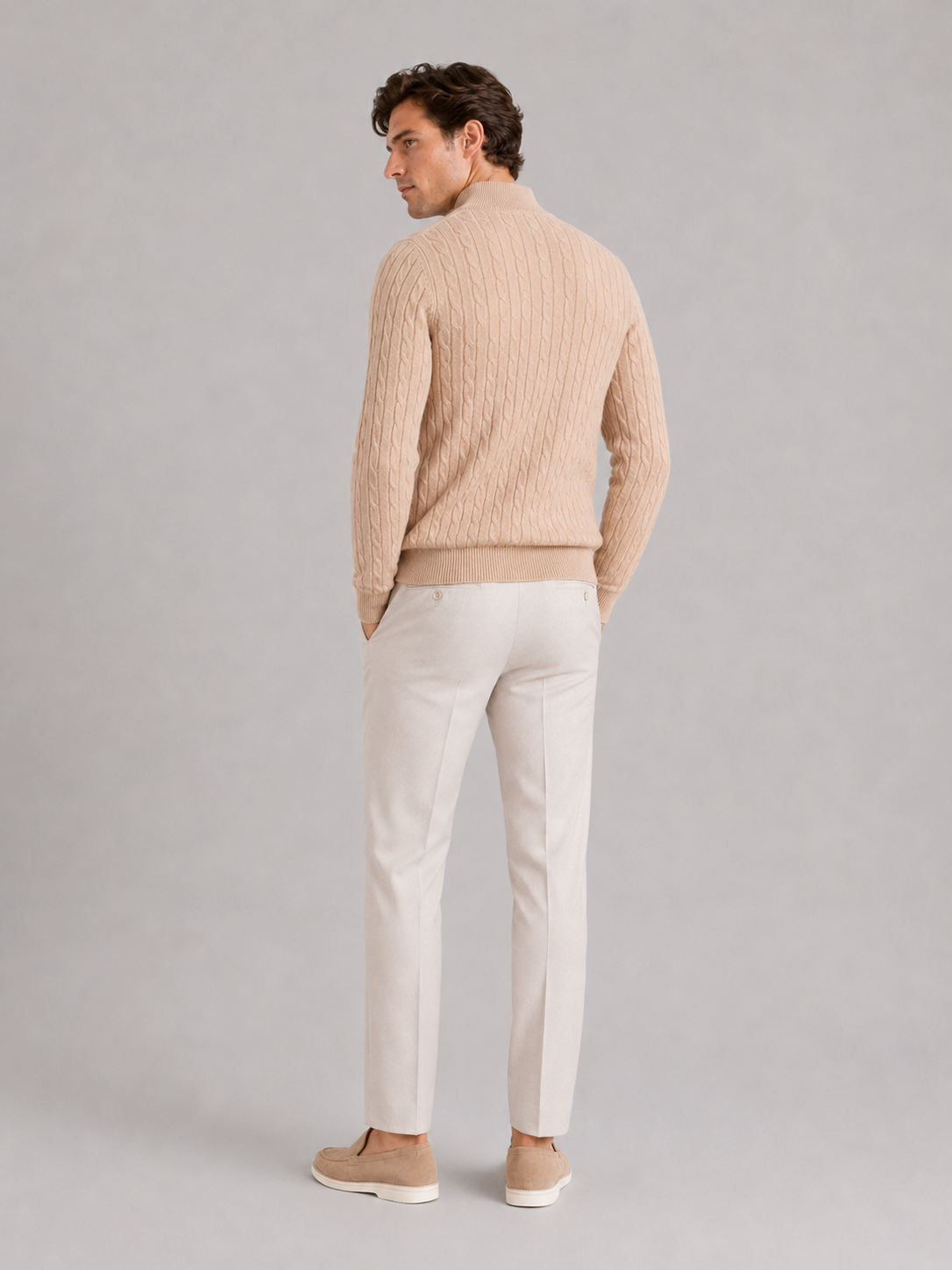 Men’s beige mock neck knitwear sweater comfortable warm top for business casual outfits