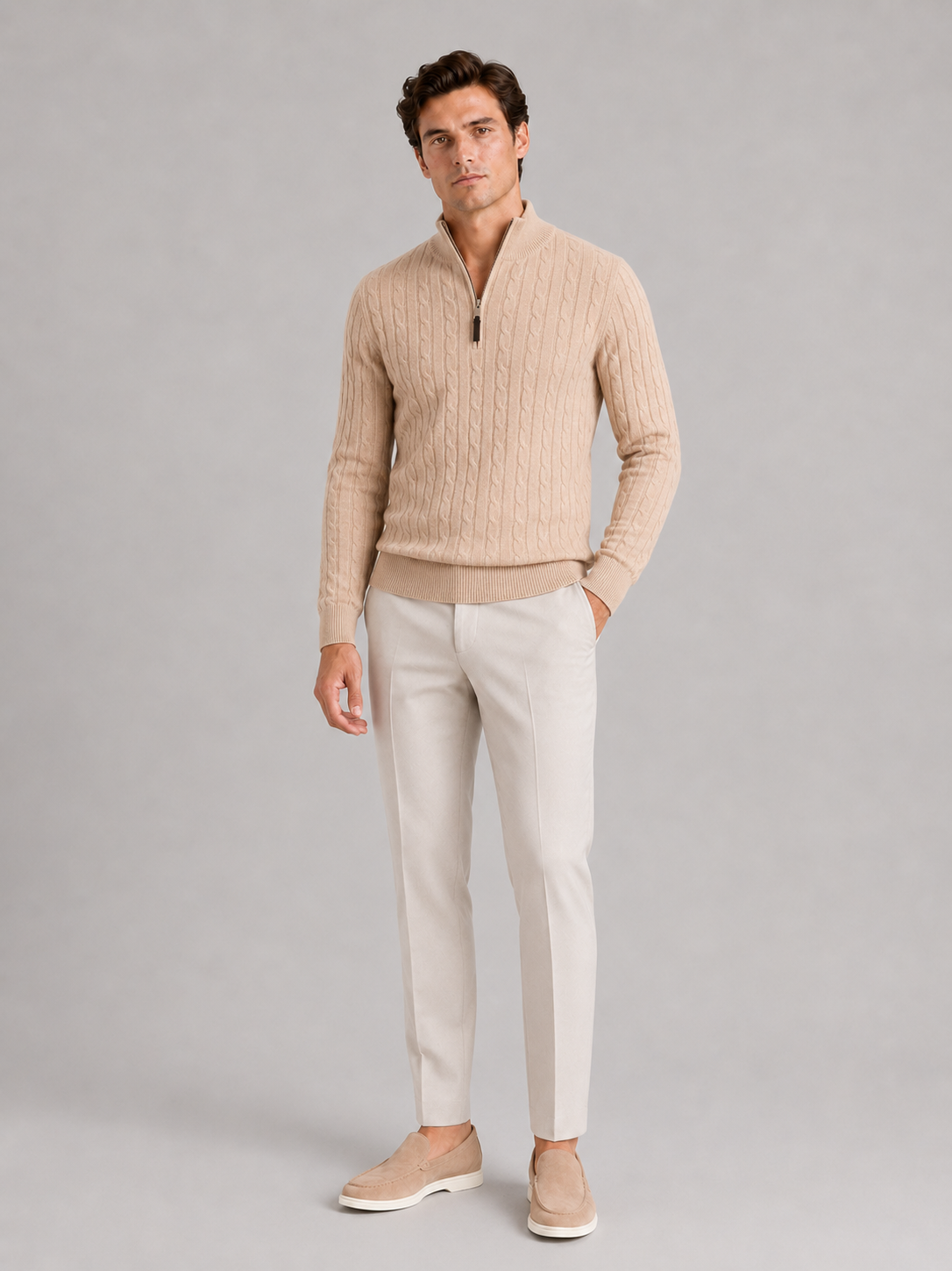 Beige quarter zip cable knit sweater for men warm pullover for casual winter wear