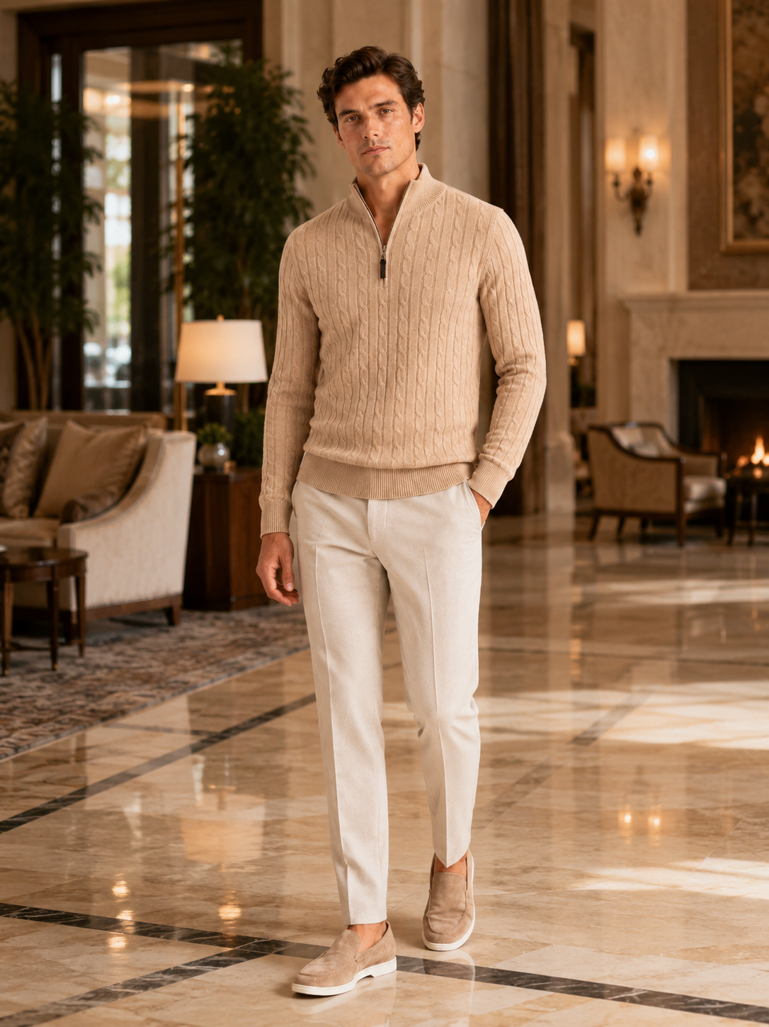 Man styling beige cable knit quarter zip sweater in a refined fall winter lifestyle outfit