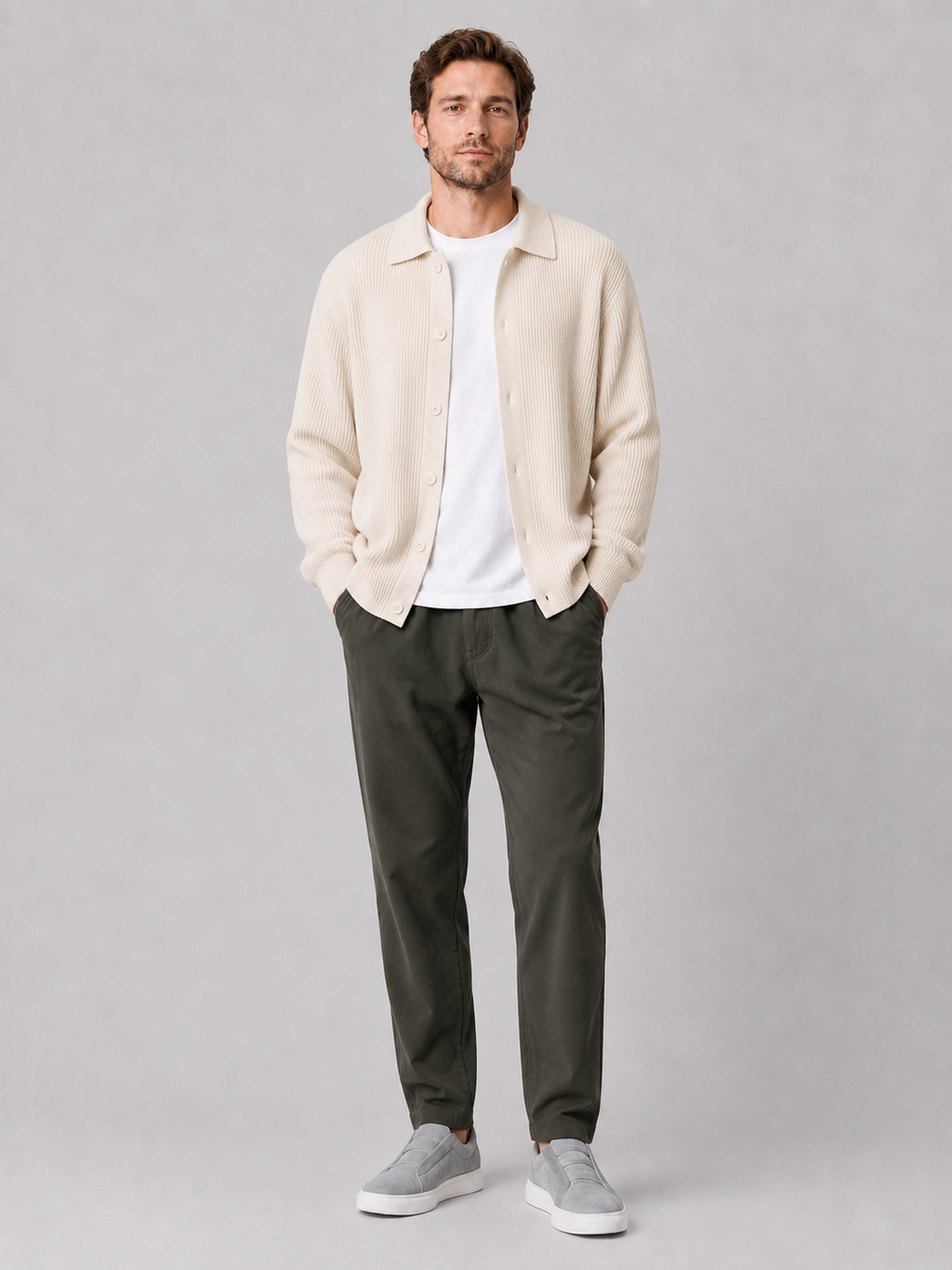 Beige open front cardigan sweater for men loose fit layering piece for everyday wear