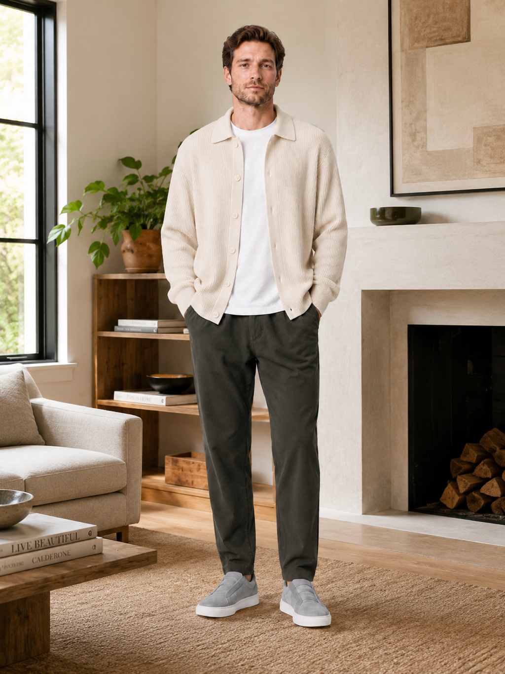 Man styling beige open front cardigan sweater in a refined everyday lifestyle outfit
