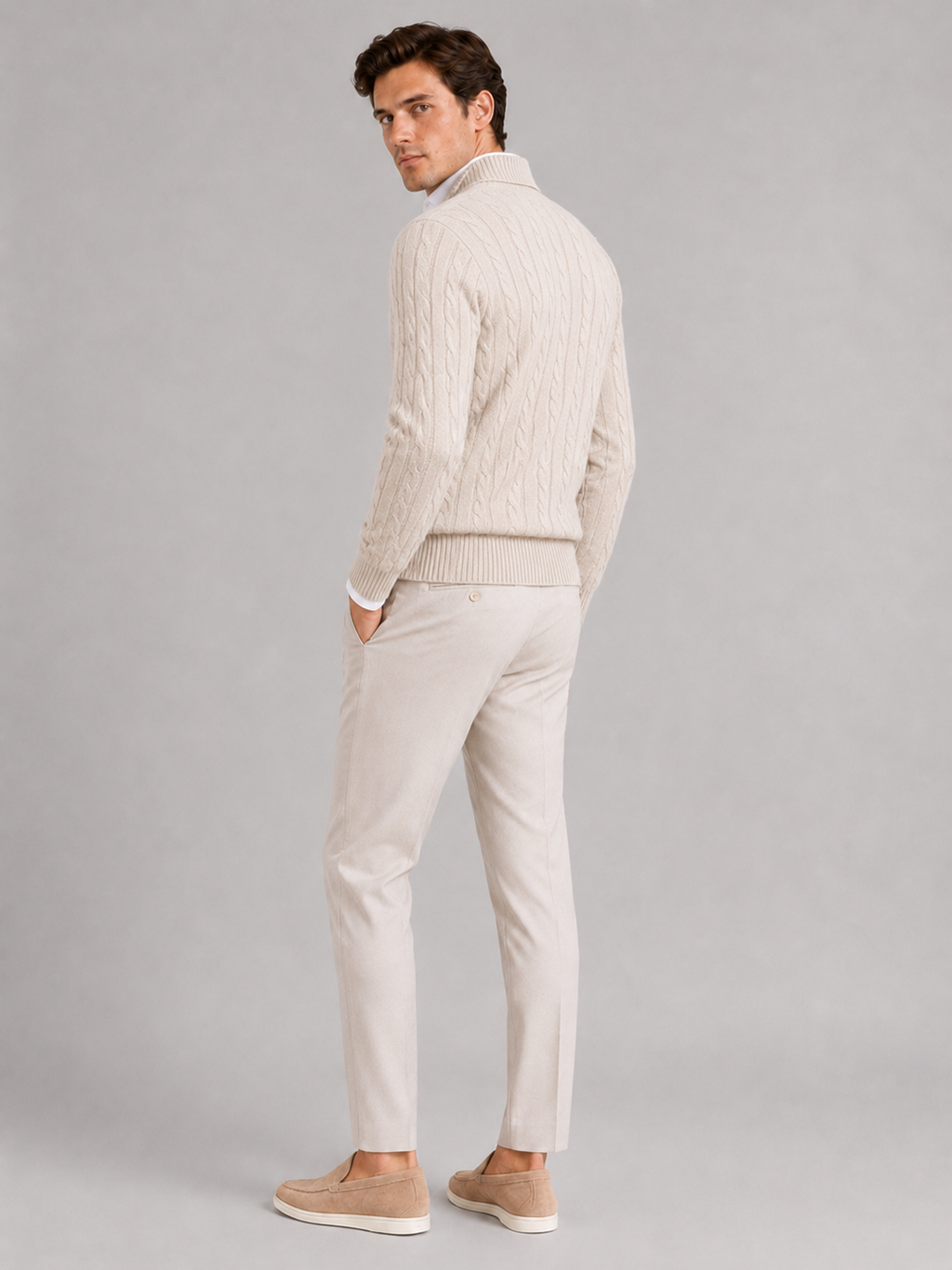 Men’s beige cable knit cashmere sweater luxury warm top for business casual outfits