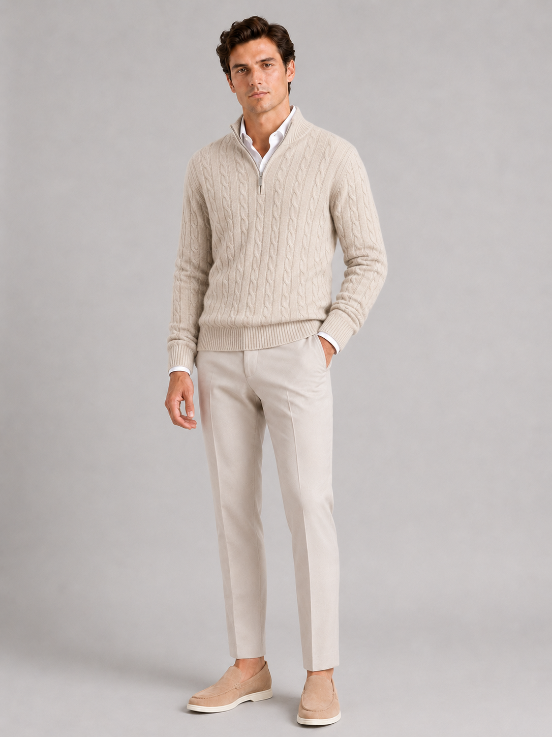 Beige pure cashmere quarter zip sweater for men warm pullover for everyday winter wear