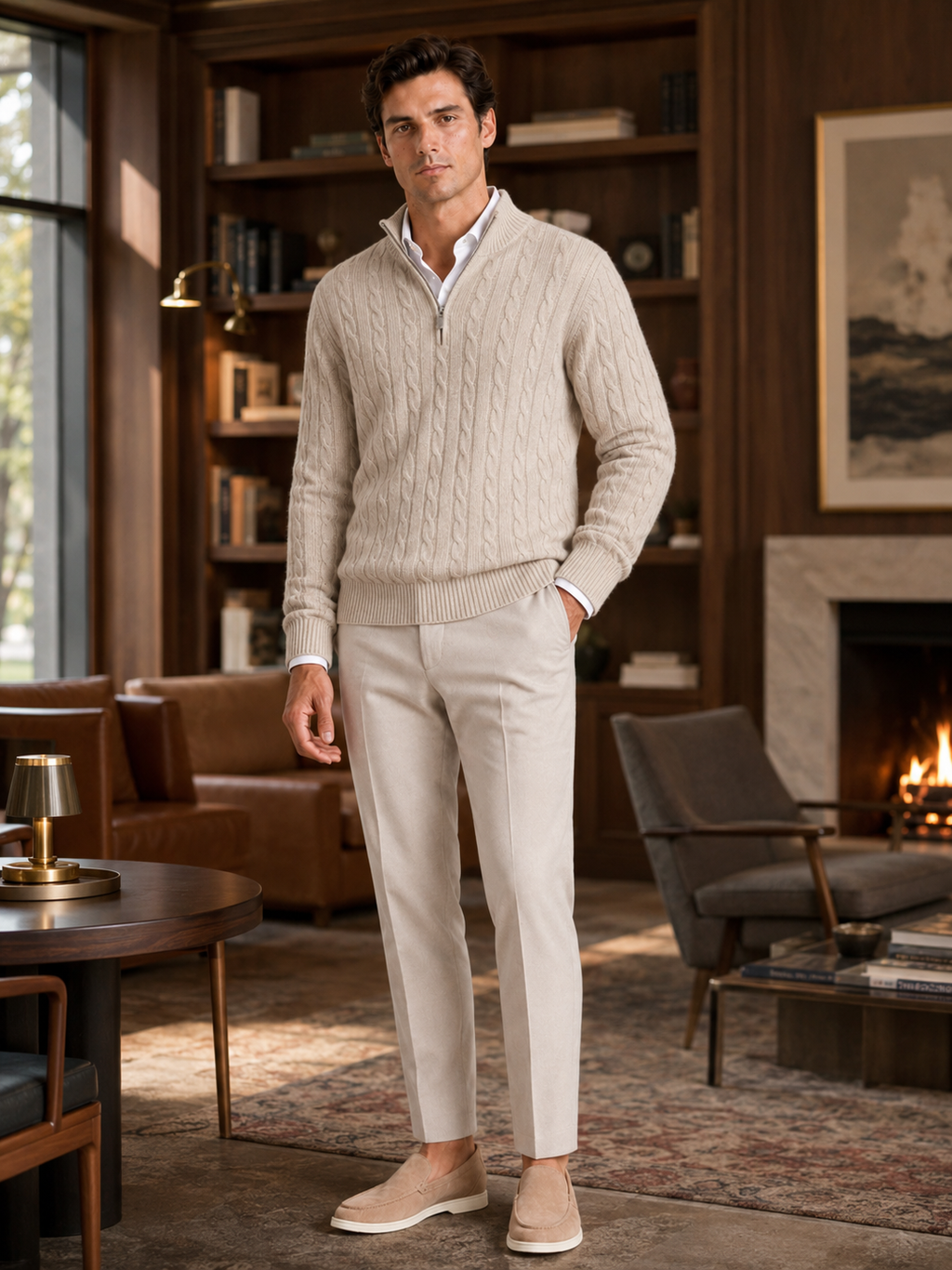Man styling beige cashmere quarter zip sweater in a refined fall winter lifestyle outfit