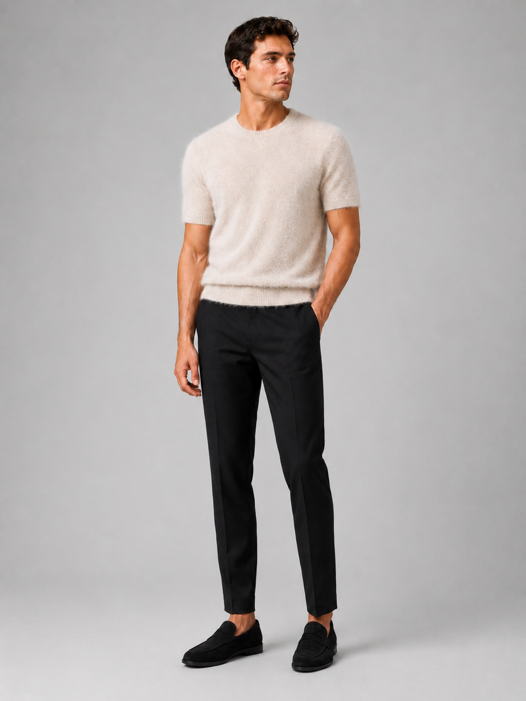 Beige cashmere knit t shirt for men lightweight short sleeve top for spring and fall wear