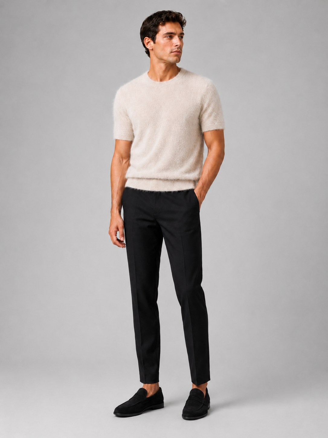 Beige cashmere knit t shirt for men lightweight short sleeve top for spring and fall wear