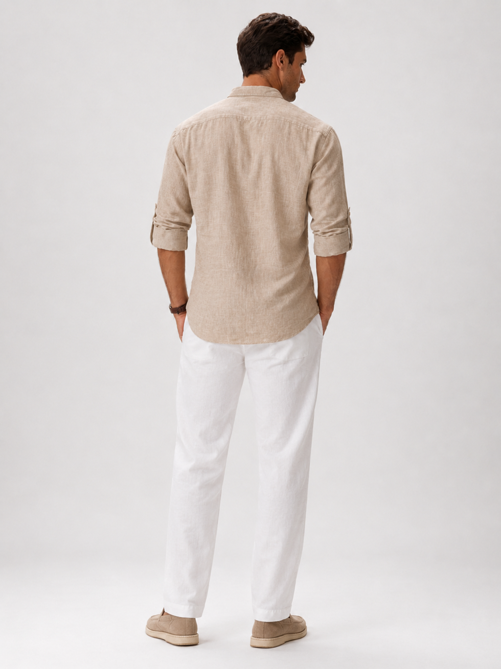 Men’s beige button up shirt with band collar breathable fabric for vacation outfits