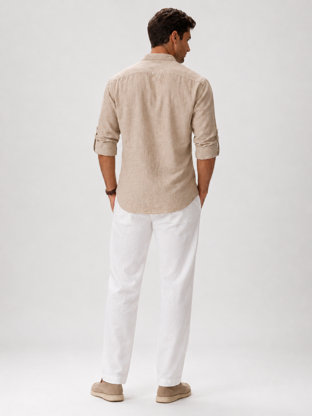 Men’s beige button up shirt with band collar breathable fabric for vacation outfits