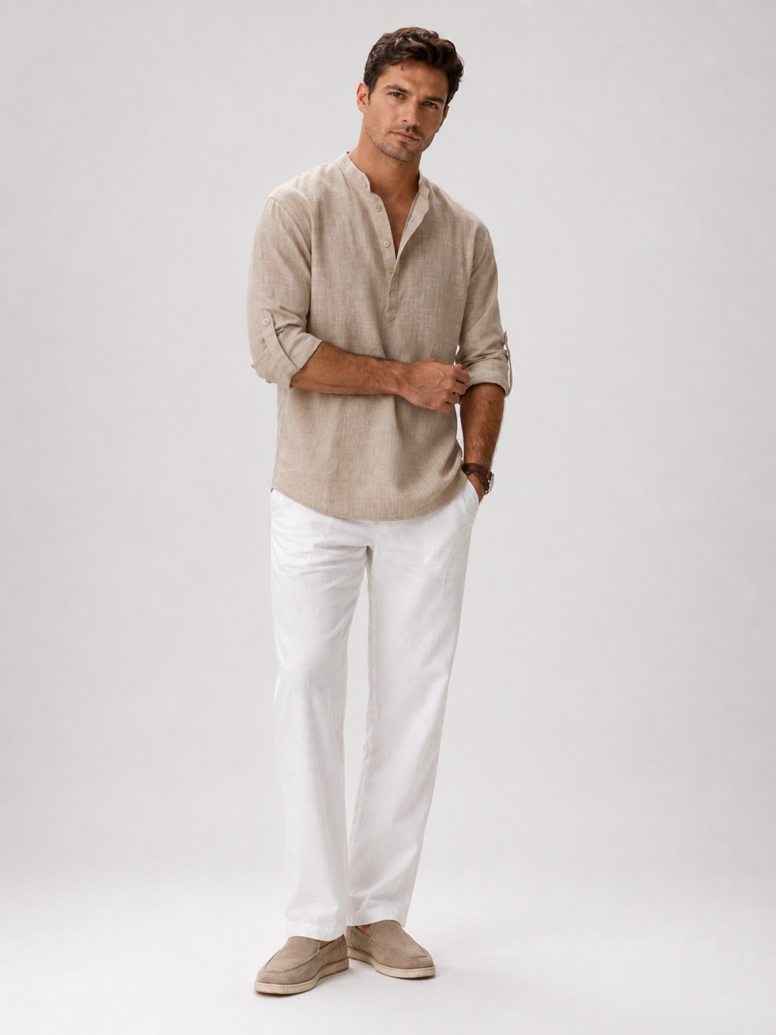 Beige band collar shirt for men lightweight summer top for coastal casual wear