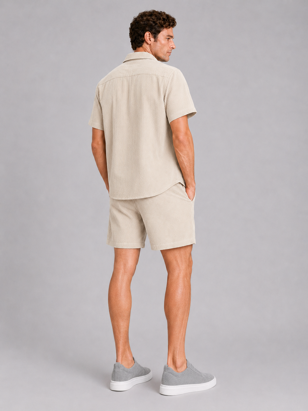 Men’s beige summer co ord set comfortable vacation outfit for casual and resort wear