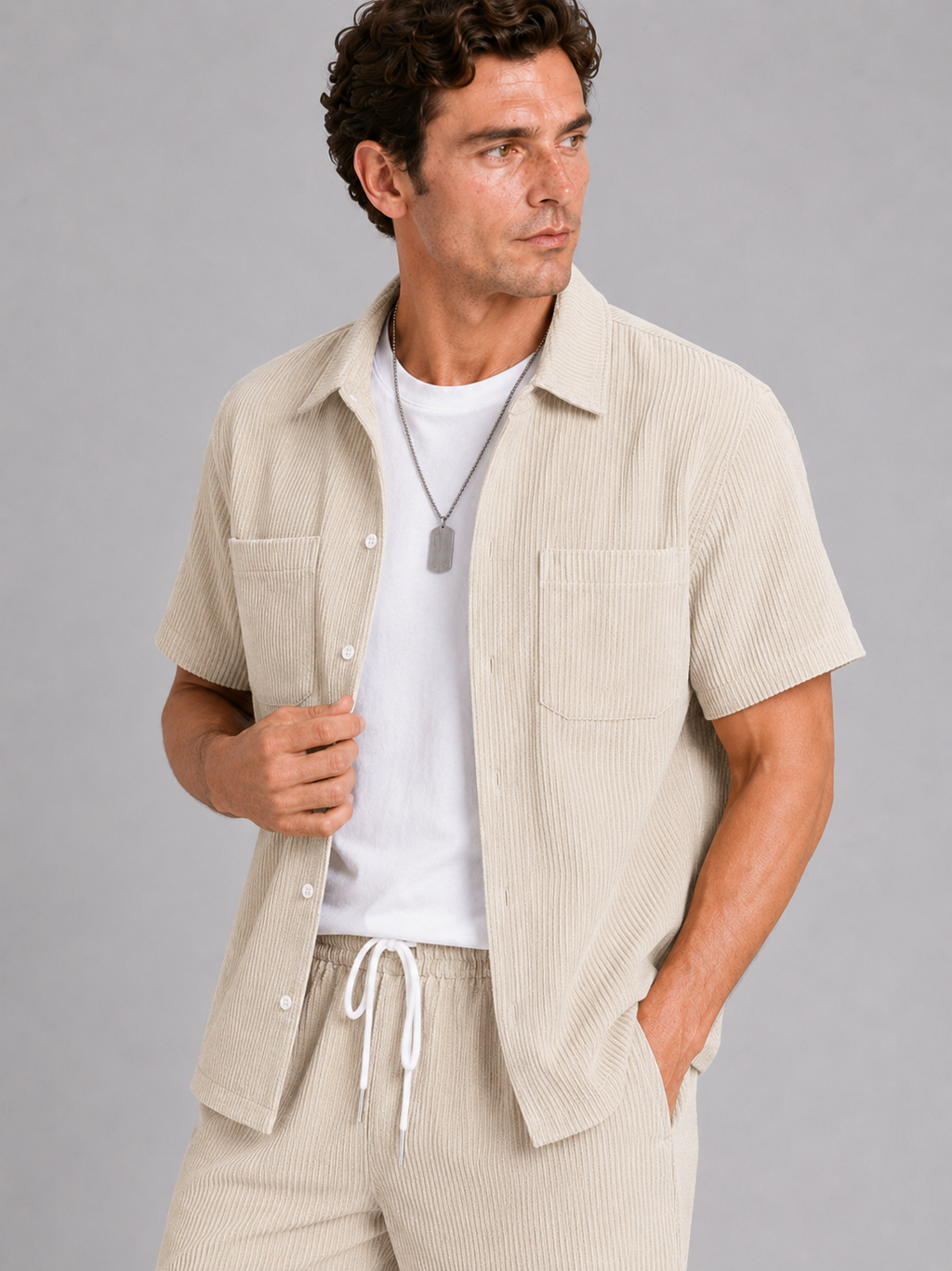 Close up of beige corduroy two piece set showing soft textured fabric and button up shirt detail