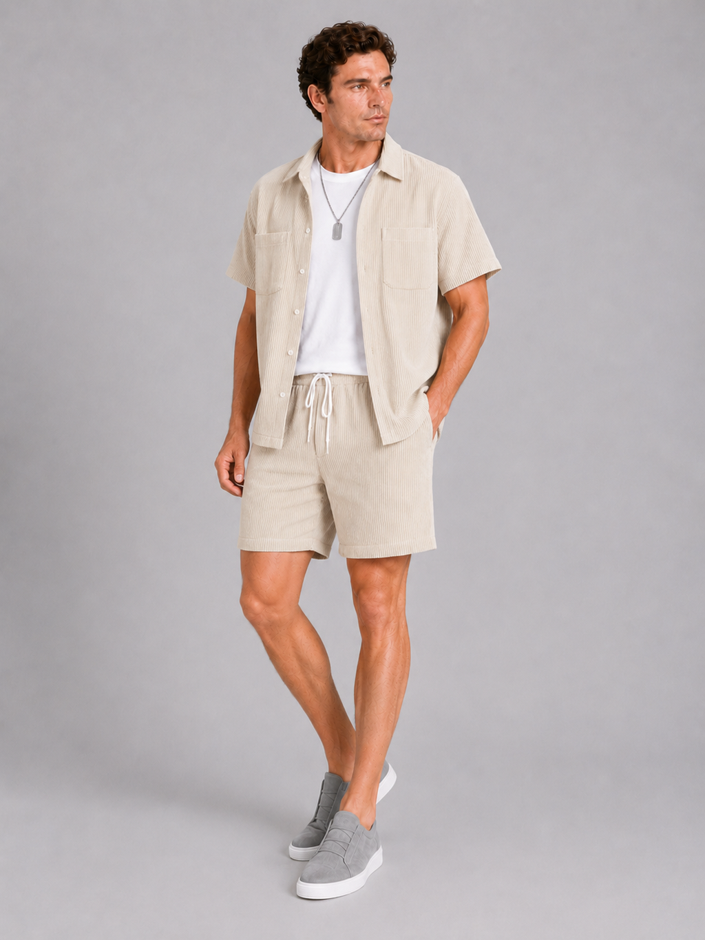 Beige corduroy matching shirt and shorts set for men relaxed summer beachwear outfit