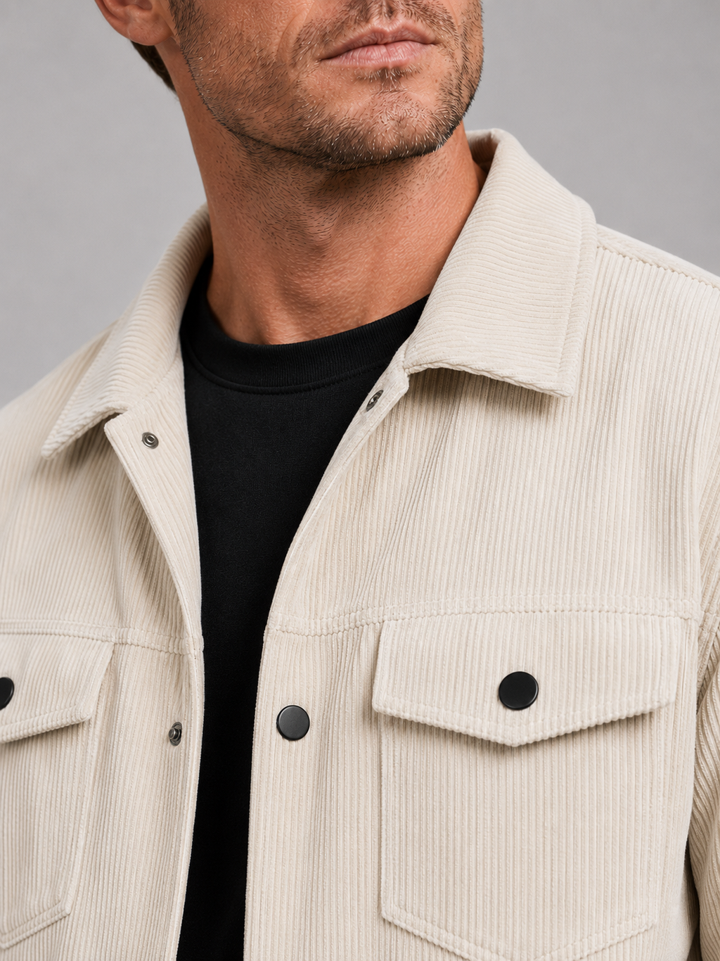 Close up of beige corduroy jacket showing soft ribbed texture, classic lapel, and button front detail