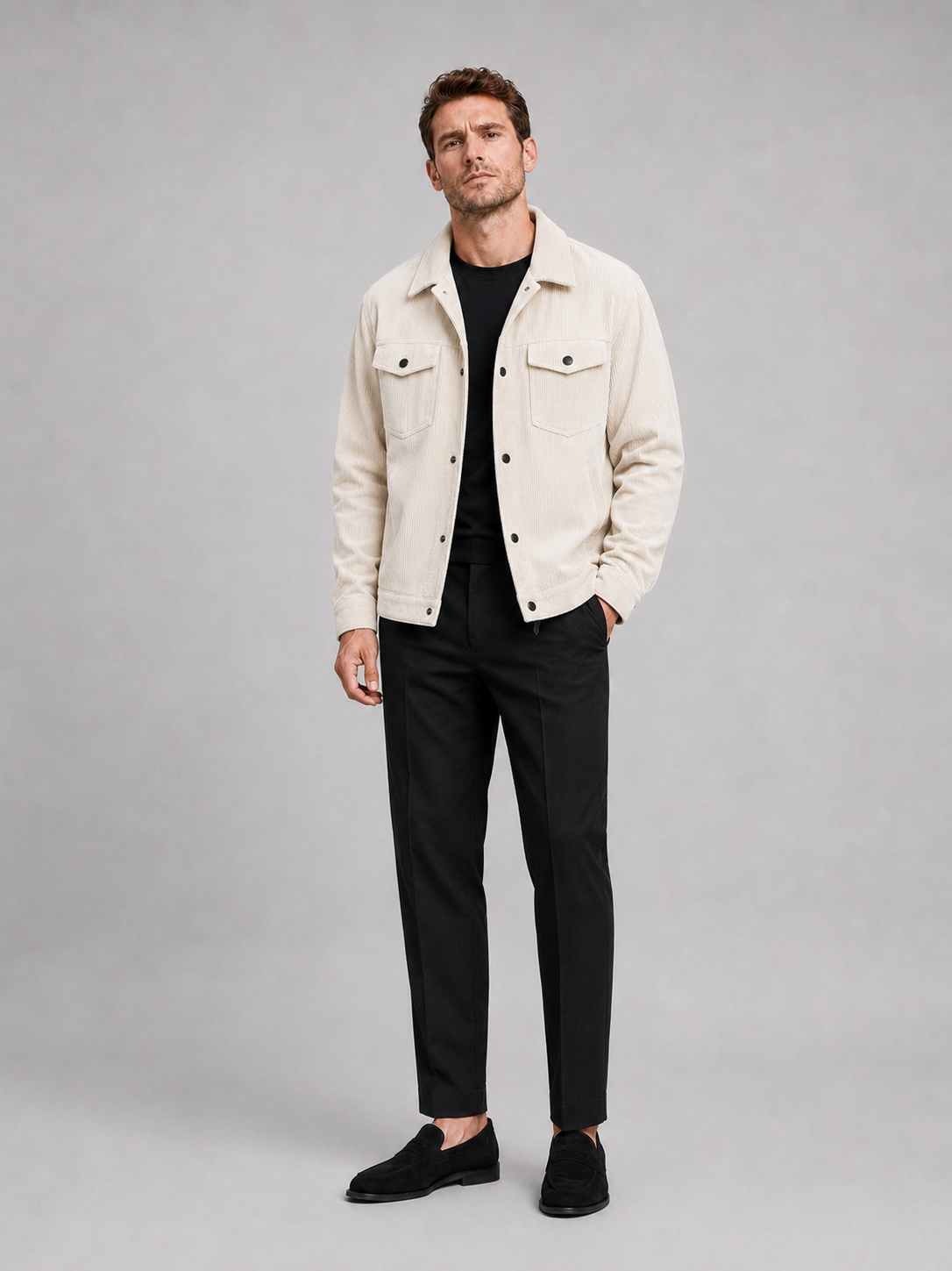 Beige corduroy jacket for men loose fit fall casual coat for everyday and streetwear wear