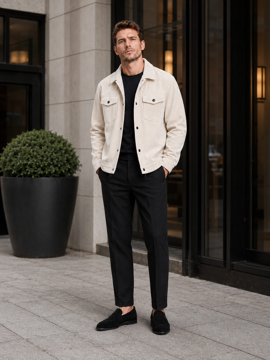 Man styling beige corduroy jacket in a relaxed streetwear and everyday lifestyle outfit
