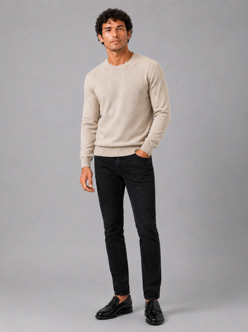 Beige crew neck sweater for men long sleeve pullover for everyday fall wear