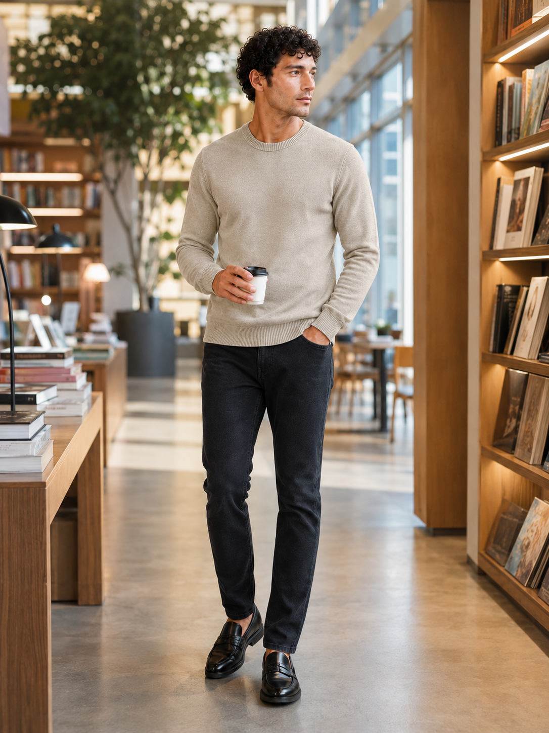 Man styling beige crew neck knit sweater in a refined fall lifestyle outfit