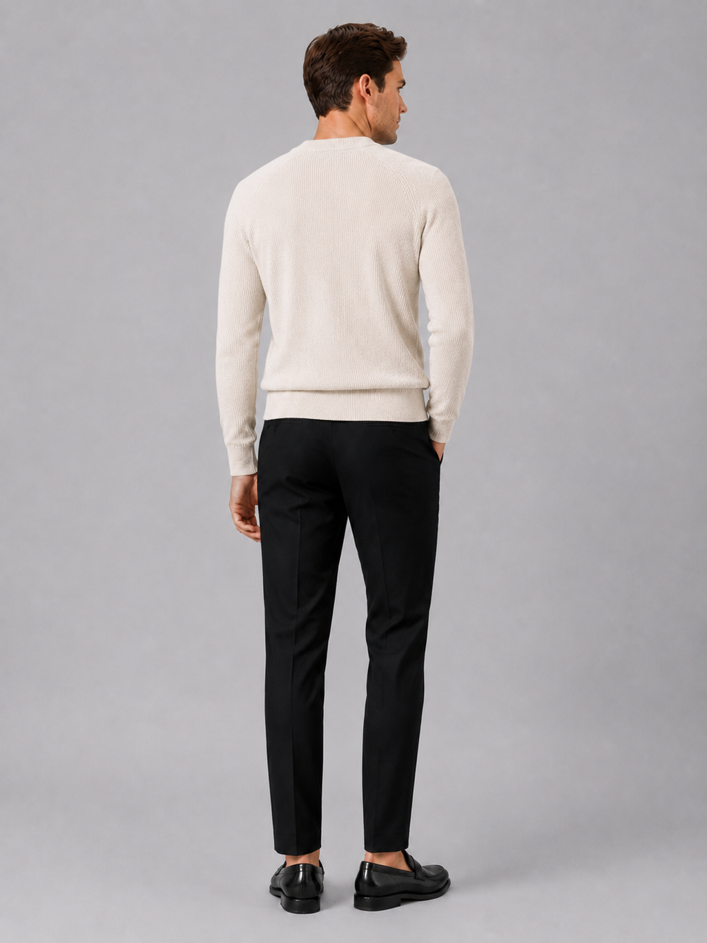 Men’s beige thick knit sweater comfortable long sleeve top for business casual outfits