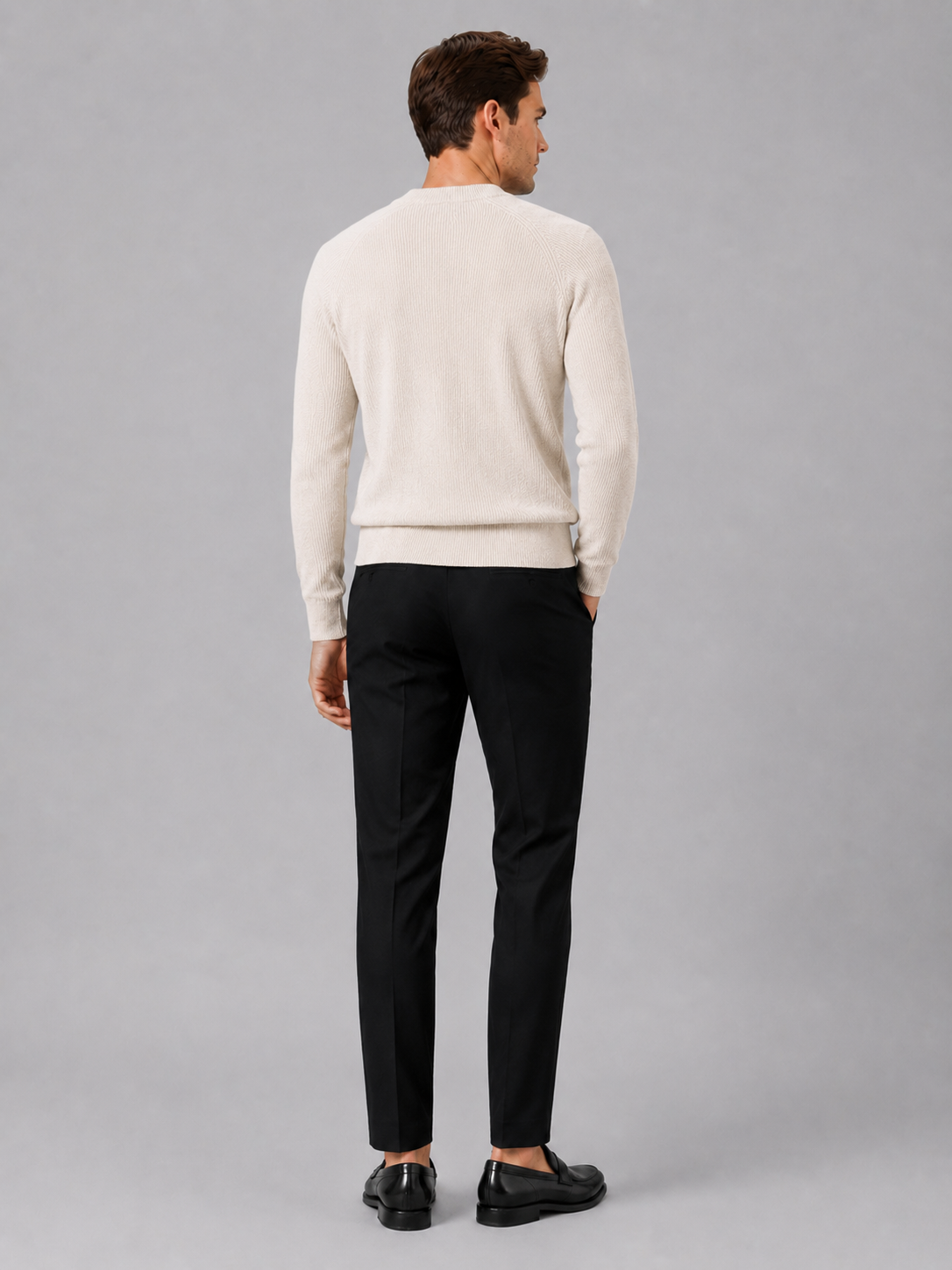 Men’s beige thick knit sweater comfortable long sleeve top for business casual outfits