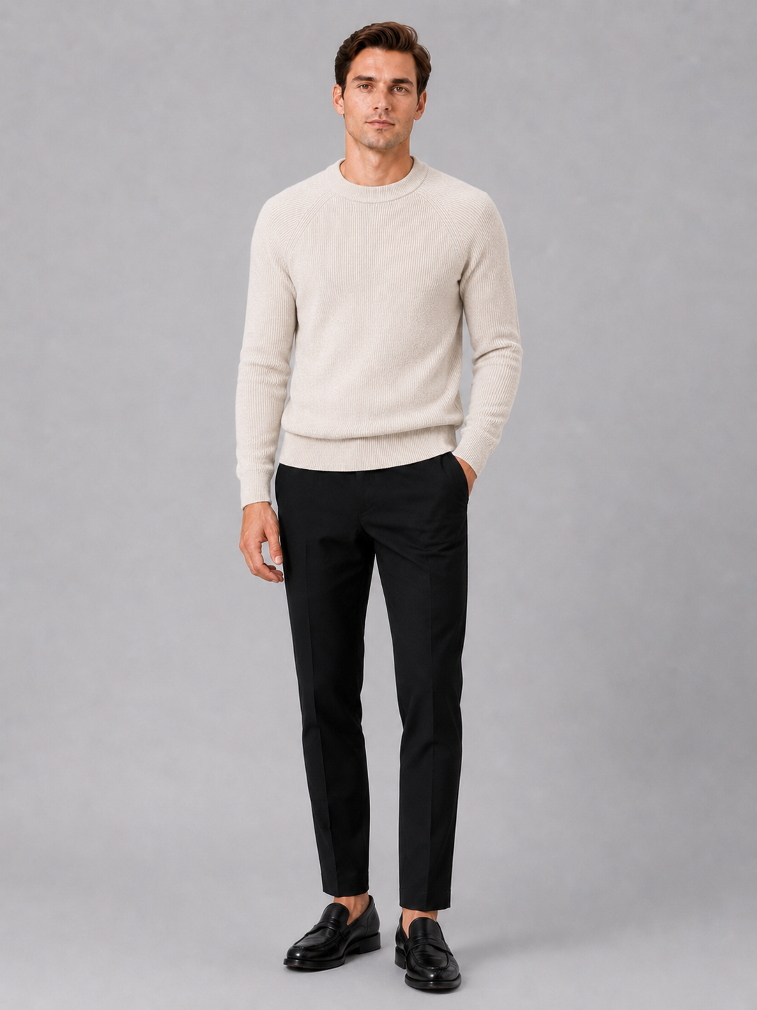 Beige crew neck sweater for men slim fit winter pullover for everyday and office wear