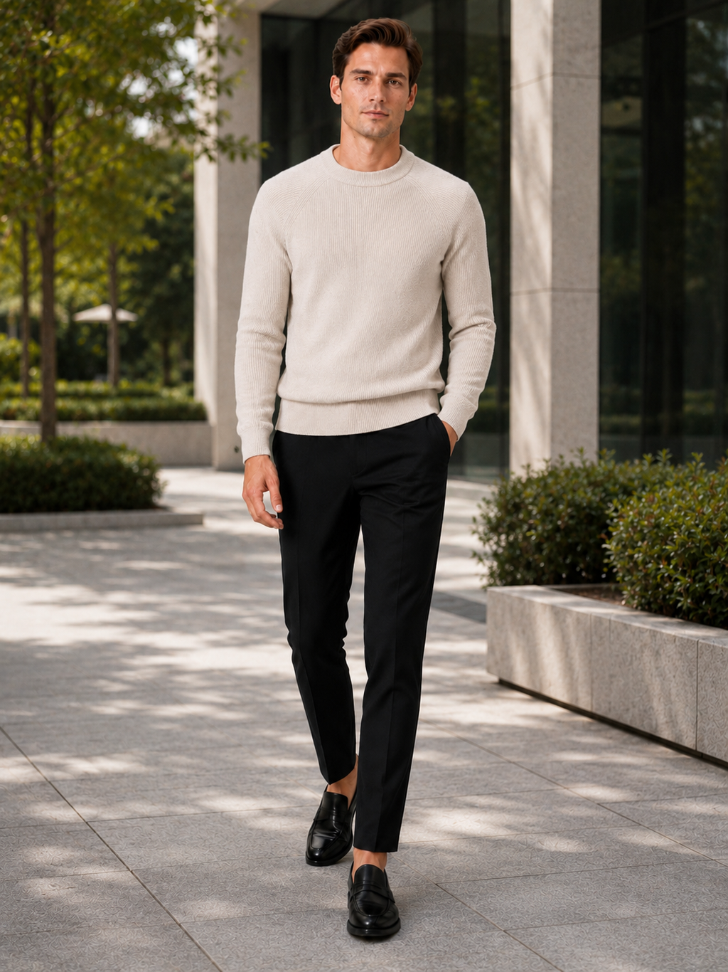 Man styling beige crew neck sweater in a refined fall winter business casual lifestyle outfit