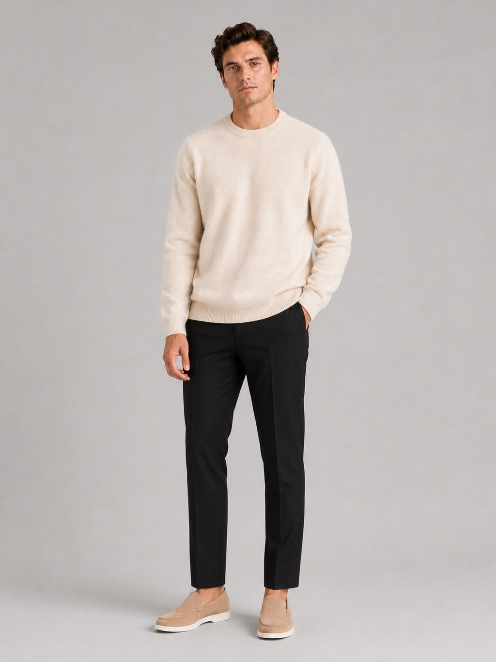 Beige crewneck sweater for men loose fit pullover for everyday fall winter wear