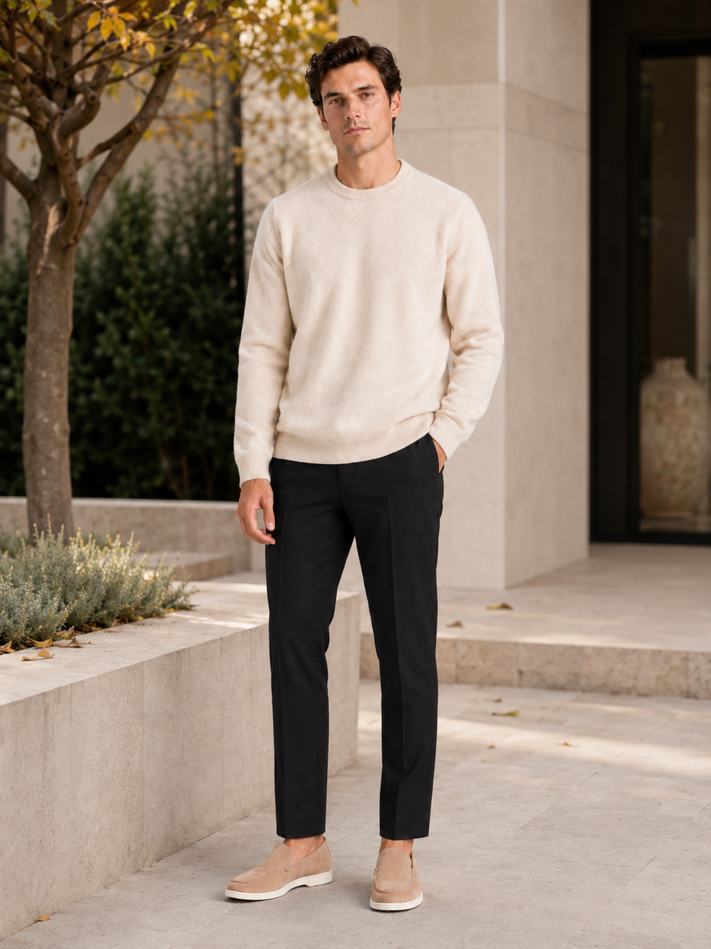 Man styling beige crewneck sweater in a refined everyday fall winter lifestyle outfit