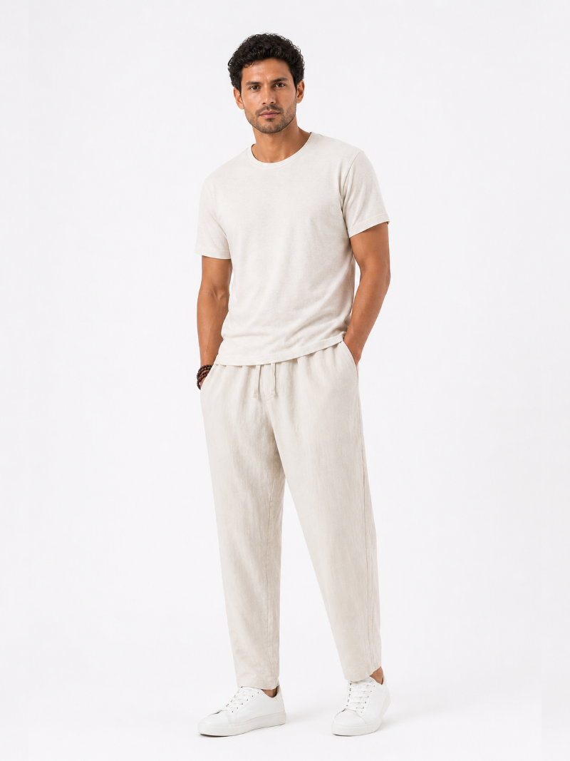 Beige drawstring pants for men soft breathable fabric relaxed fit summer vacation outfit