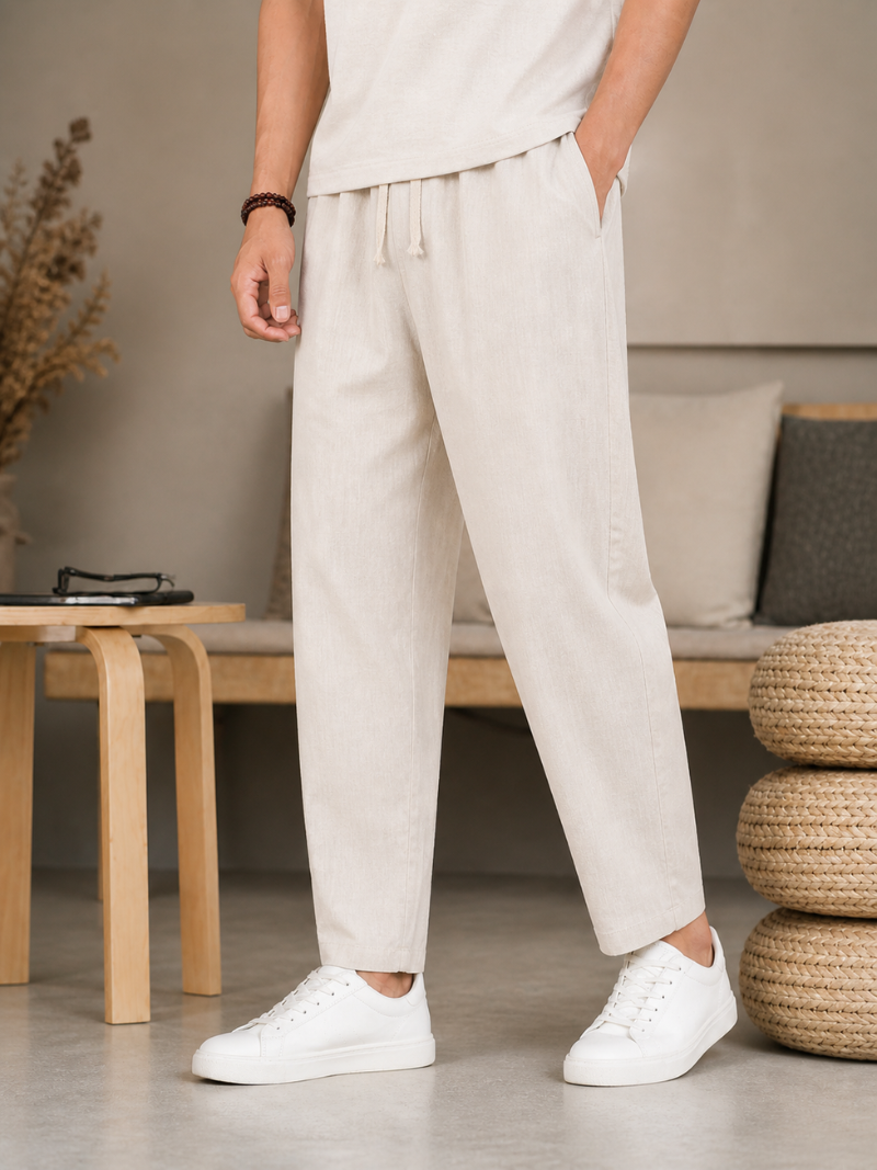 Men’s beige drawstring pants lightweight comfortable loose fit casual beach and summer wear