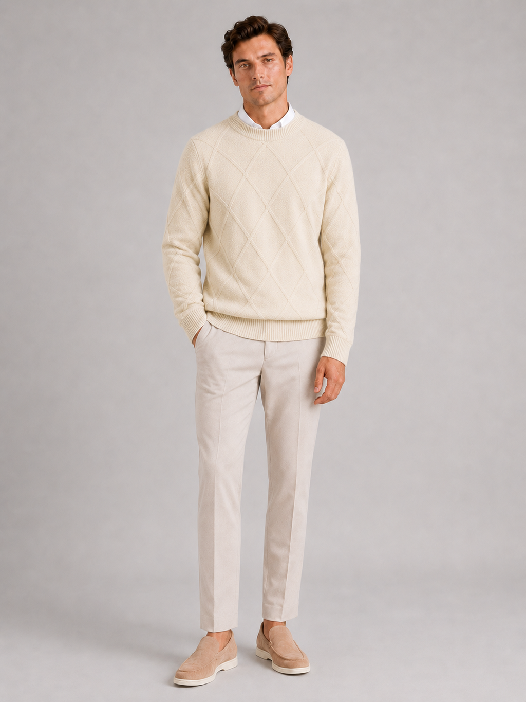Beige crew neck cable knit sweater for men loose fit warm pullover for everyday winter wear