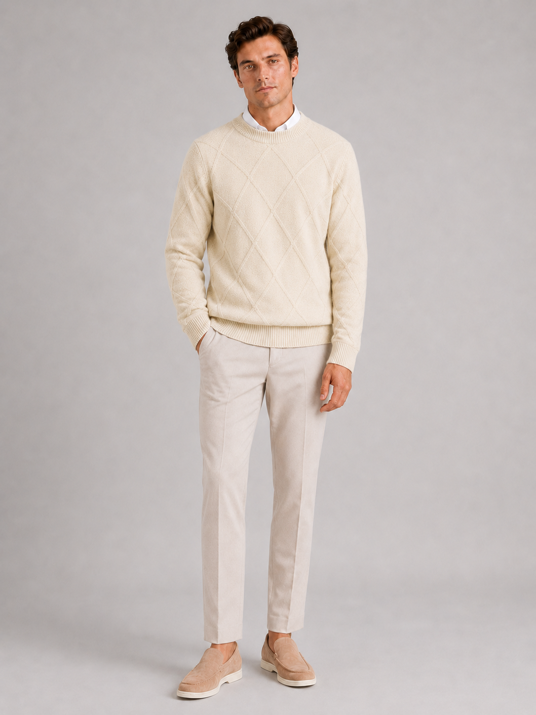 Beige crew neck cable knit sweater for men loose fit warm pullover for everyday winter wear