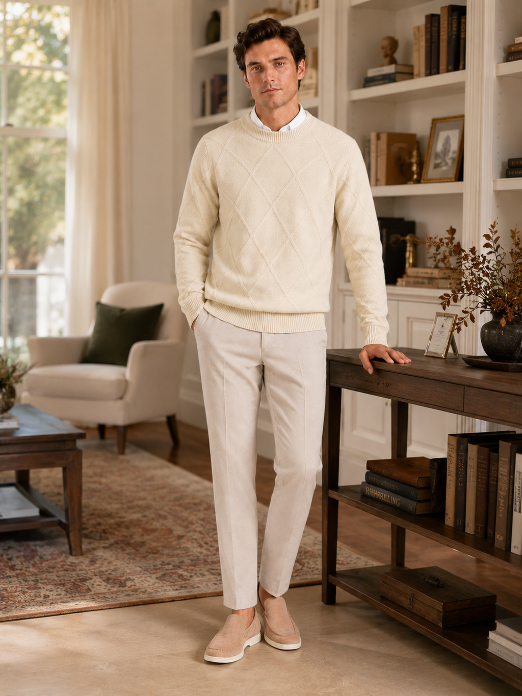 Man styling beige cable knit sweater in a relaxed cold weather lifestyle outfit