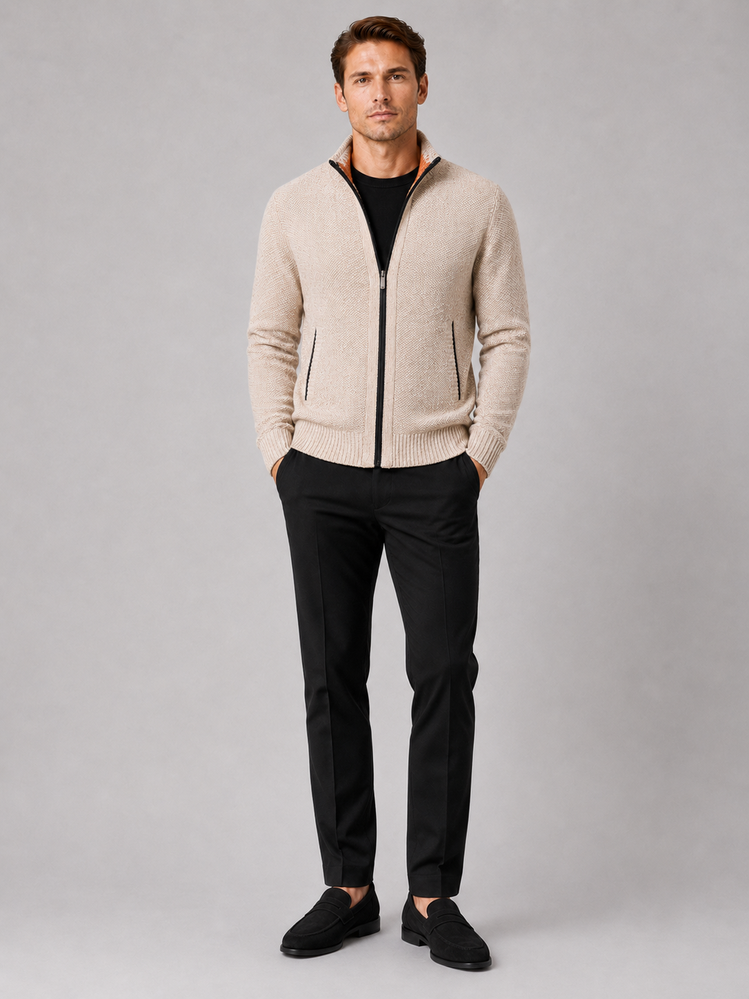 Beige fleece cardigan sweater for men full zip warm knit jacket for everyday wear