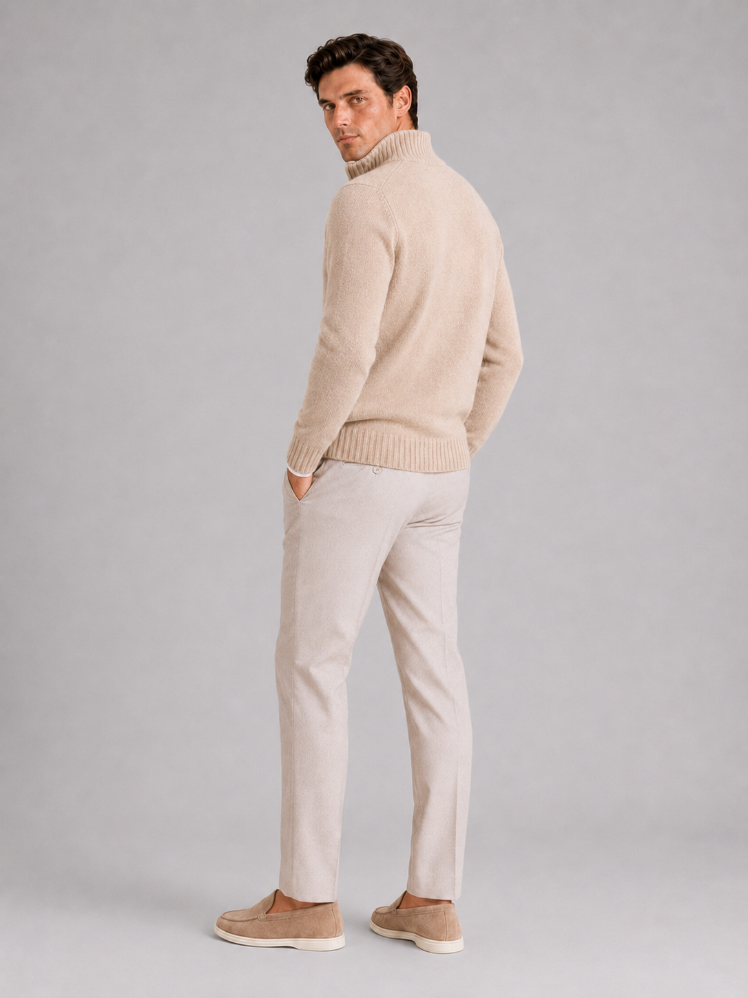Men’s beige solid color half zip sweater comfortable knit top for casual outfits