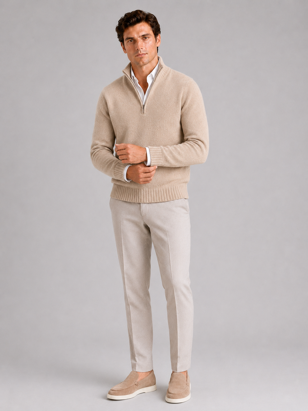 Beige half zip knit sweater for men long sleeve pullover for everyday fall wear