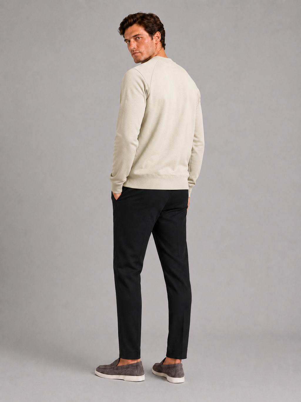 Men’s beige heavyweight cotton sweater comfortable long sleeve top for casual fall outfits