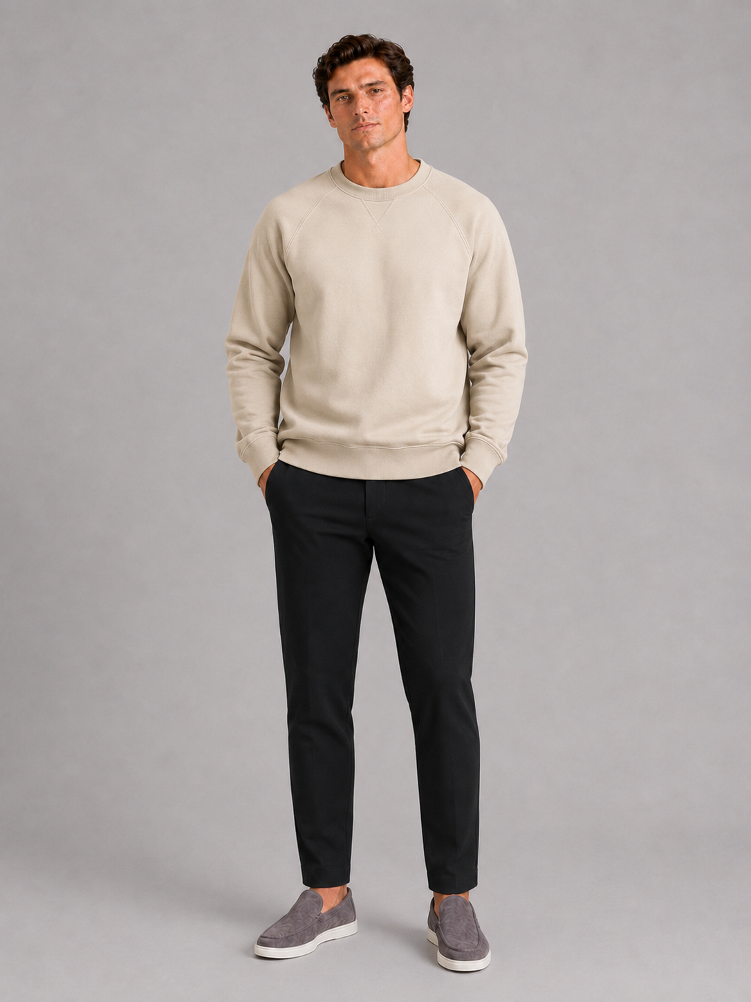 Beige crewneck sweater for men 100 percent cotton pullover for sports and everyday wear