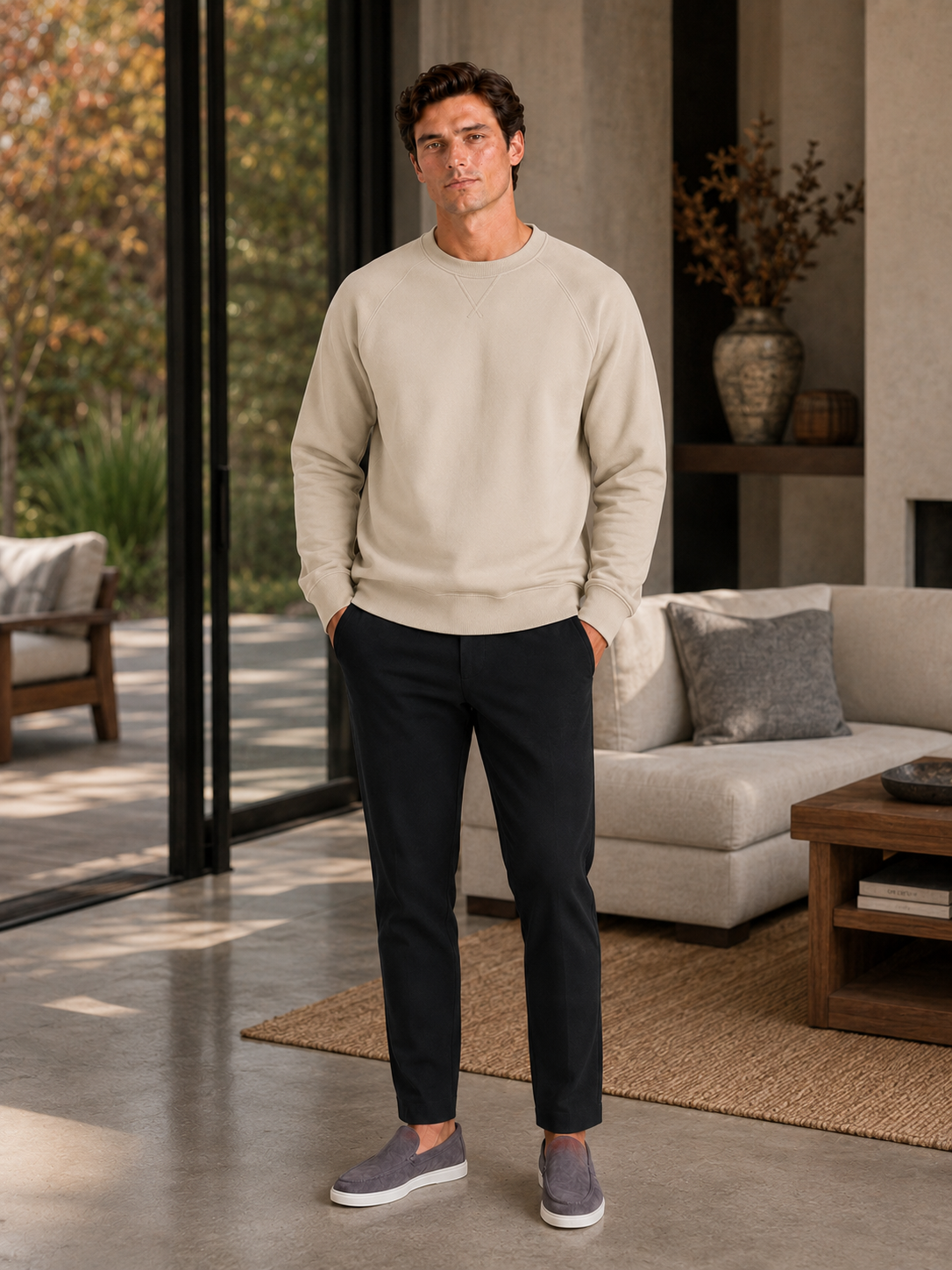 Man styling beige crewneck cotton sweater in a relaxed everyday and athletic lifestyle outfit