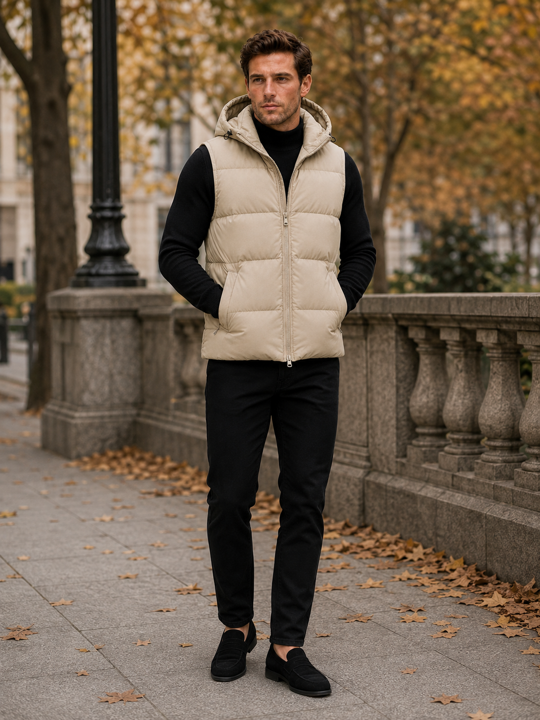 Man wearing a beige hooded puffer vest in a casual fall winter outfit for outdoor and everyday wear
