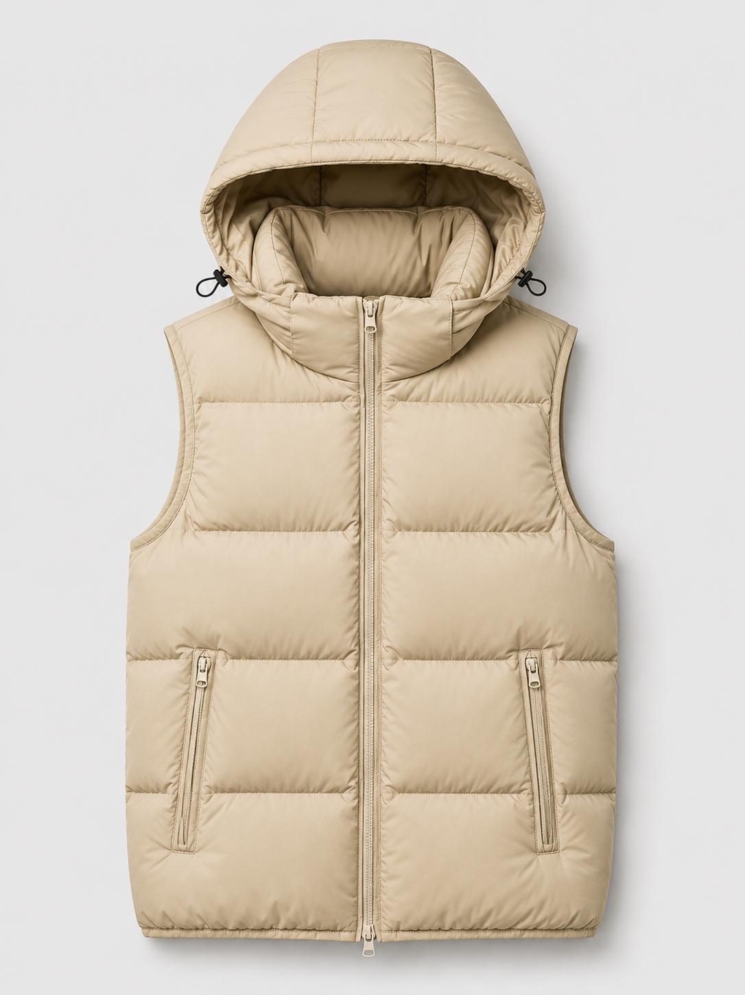 Beige men’s thick insulated hooded puffer vest displayed on a plain background