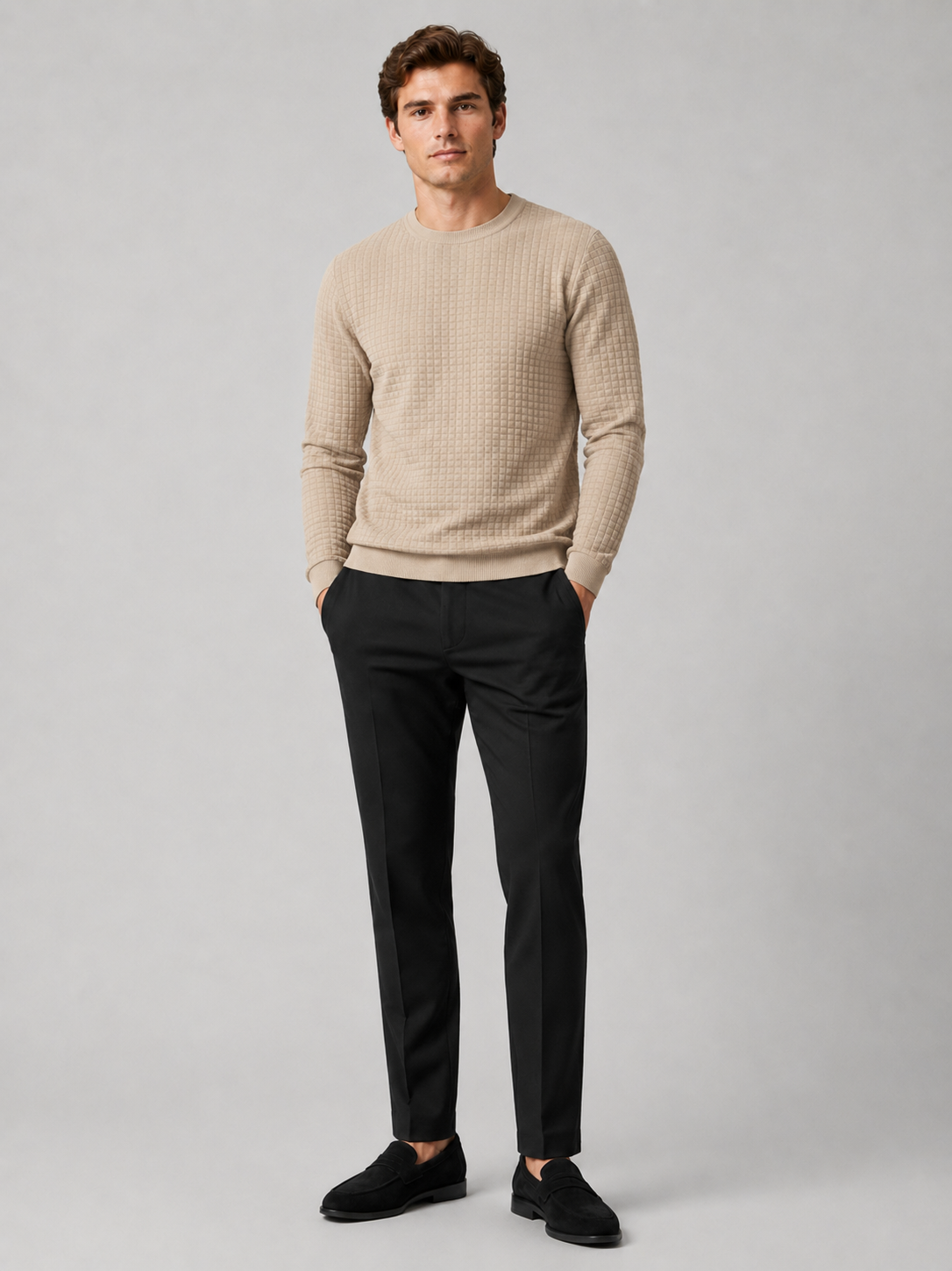 Beige jacquard crew neck sweater for men warm slim fit pullover for everyday wear