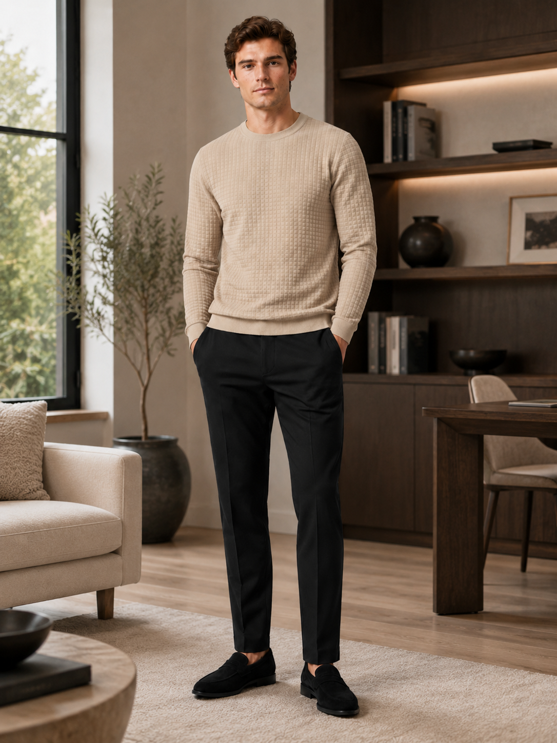 Man styling beige jacquard crew neck sweater in a refined fall winter lifestyle outfit