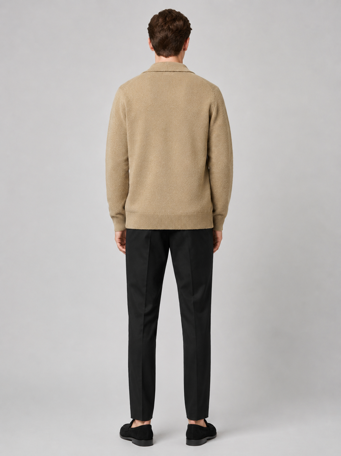 Men’s beige lapel cardigan sweater comfortable knit layer for business casual outfits